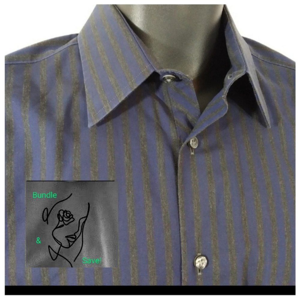 BEN SHERMAN Smoky Blue & Grey Striped Cotton Shirt EUC Drycleaned